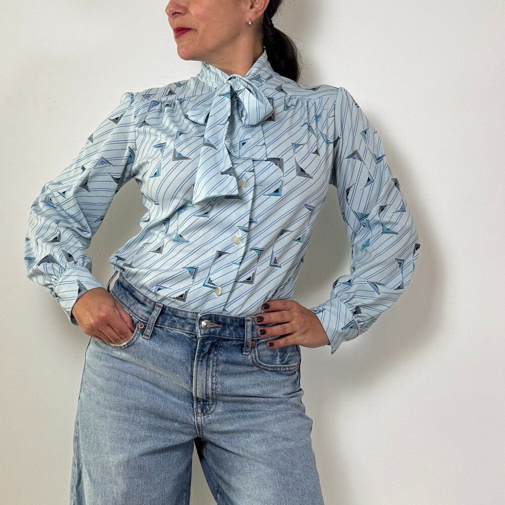 Vintage 70's Bow Tie Neck Abstract Print Light Blue Shirt - Size M